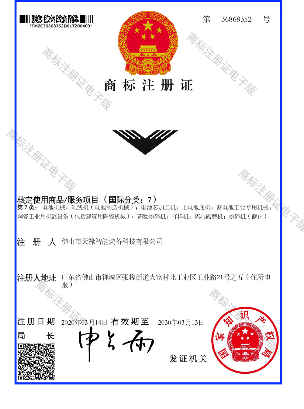 Trademark registration certificate (electronic)